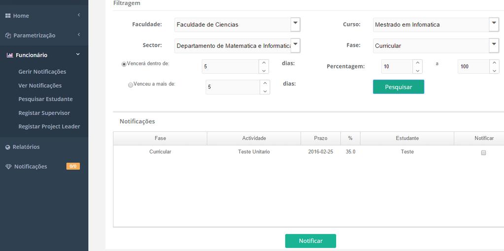 5.1- Permite seleccionar o órgão, sector, o project leader pretendido, tipo de project leader e em seguida sobre o clique no botão adicionar, o por fim grava. 5.