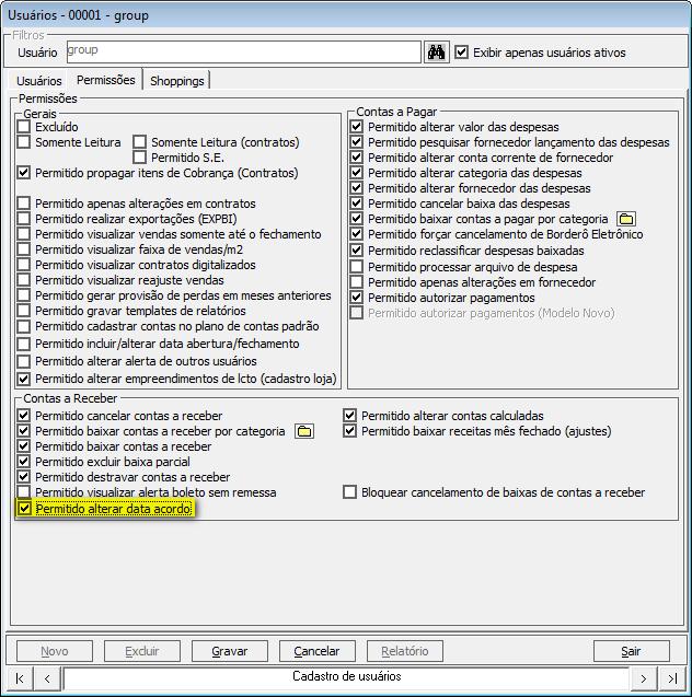 Cadastro. Na aba Permissões, seção de Contas a Receber, marque o parâmetro Permitido alterar data acordo. 1.3.