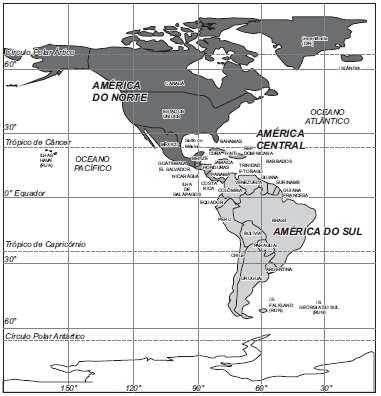 12ª Questão: Assinale a alternativa que indica um título adequado ao mapa ao lado. a) América: áreas de influência geopolítica. b) Unidades Geomorfológicas da América.