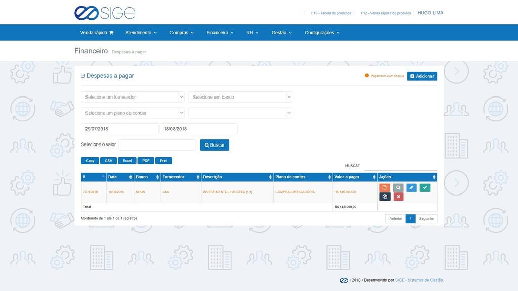 Figura 25. Despesas a pagar. Exibe uma lista de contas pendentes e/ou programadas. O botão ADICIONAR permite cadastrar uma nova despesa.