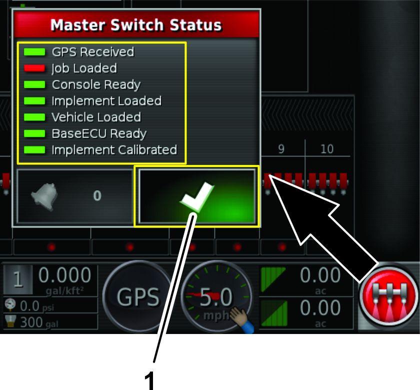 Verde indica que o sistema está pronto e que o controlador do pulverizador está ligado e a funcionar. Branco o controlador do pulverizador está em espera.