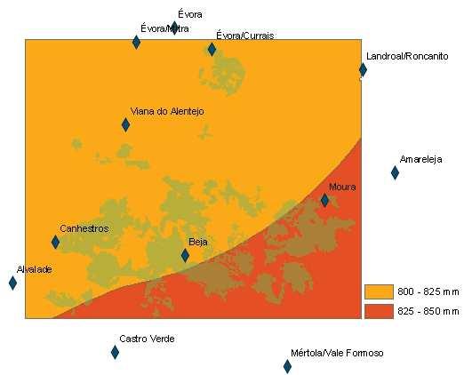 O mapa da variabilidade da Evapotranspiração Potencial foi calculado com base nos dados das estações climáticas de Beja, Viana do Alentejo, Alvalade e Mértola/Vale Formoso. A partir da Figura 2.3.12.