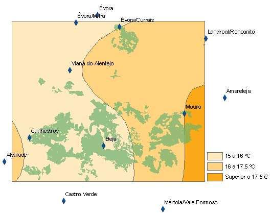 climatológica de Moura. As estações de Landroal/Roncanito, Évora/Currais e Alvalade encontram-se numa zona de temperatura média anual compreendida entre os 16ºC e os 17.5 ºC.