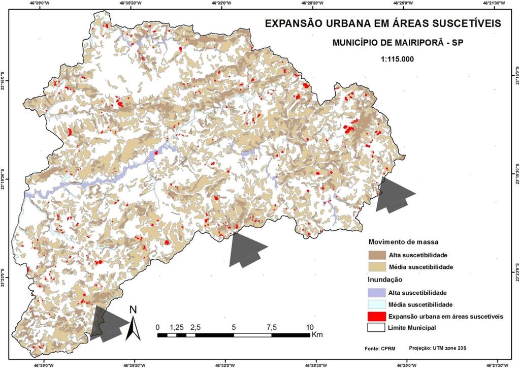 FIGURA 4: Expansão urbana 2010-2018 em áreas suscetíveis (IPT/CPRM, 2014) - Mairiporã - SP. Autores.