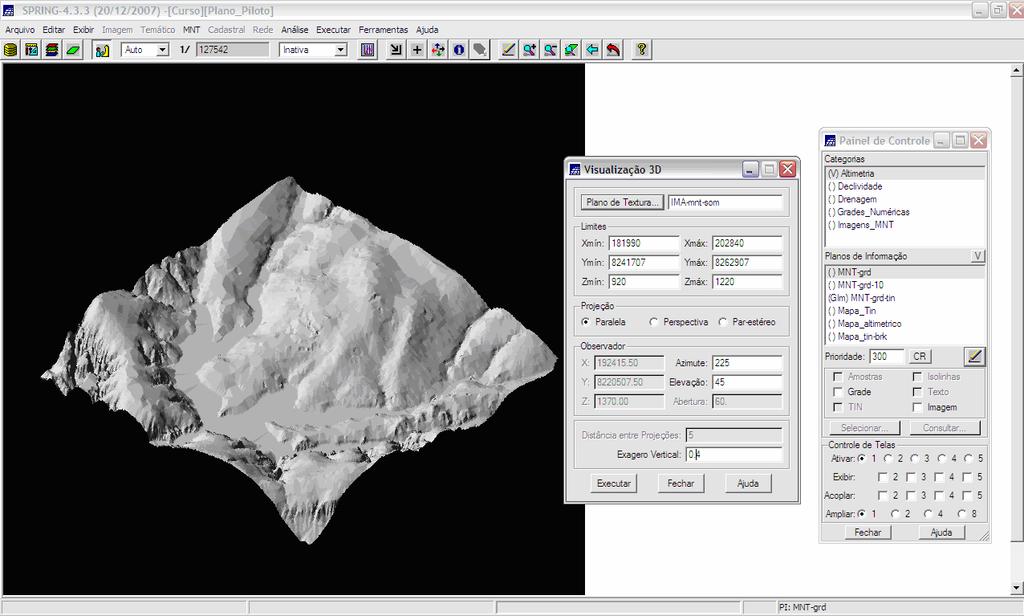 Finalmente foi feita a visualização em 3D,que no software SPRING pode se dar de três formas: 1) projeção