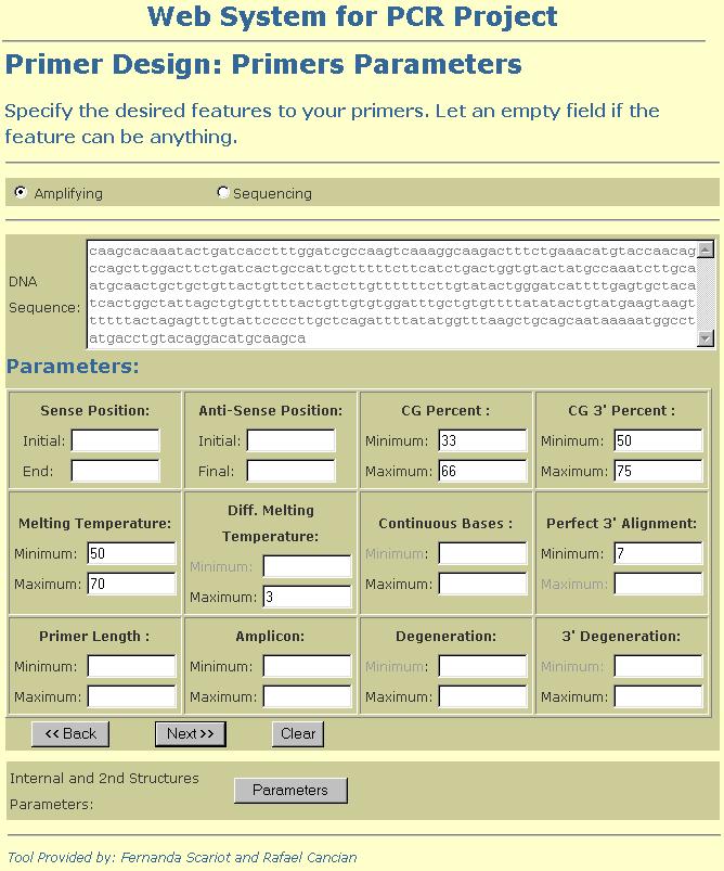 3.3. Projeto de Primers Esta etapa visa projetar um ou mais primers de acordo com a(s) seqüência(s) que o usuário informa ou analisar um ou vários primers prontos fornecidos pelo usuário.