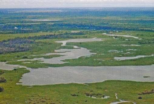 Planícies São áreas geralmente planas e basicamente formadas por rochas sedimentares. Vista área do Pantanal. Poconé, MT.