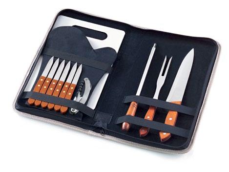 H423 Estojo texturizado com 12 talheres, garfo, 1 faca, cutelo e chaira. Em aço inox com cabo de madeira. Dim.