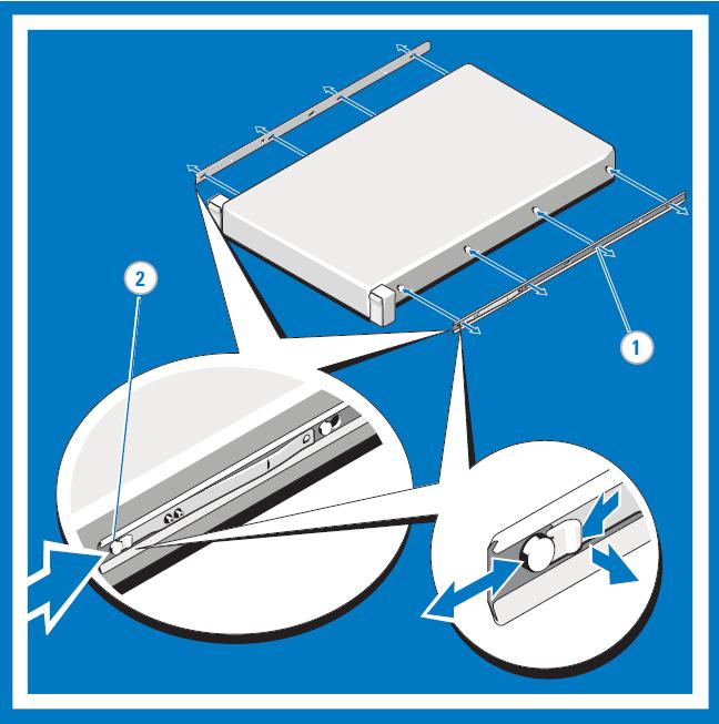 Instalação e Remoção de Membros de Chassis de Trilho Coloque o sistema em uma superfície nivelada e alinhe os orifícios em formato de fechadura nos membros de chassis de trilho com os pinos no