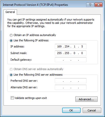 3. Insira 169.254.1.5 como seu endereço IP e 255.255.0.0 como a máscara de sub-rede. Verifique se os campos Gateway e DNS estão em branco. 4.