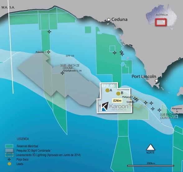 Austrália: Sub Bacia de Ceduna, EPP46 Entrada de baixo custo em fronteira sub explorada KAR 100% (Operador), concedida em outubro de 2016 Grande licença com 17.