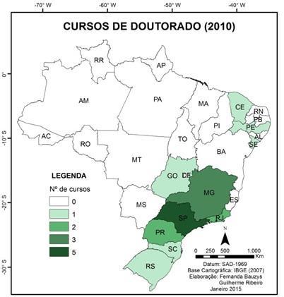 Figura 2: Evolução da localização dos cursos de doutorado em Geografia até 2014. Fonte: Bauzys e Ribeiro (2015).