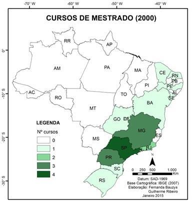 Figura 3: Localização dos cursos de pós-graduação em Geografia em 2014. Fonte: Bauzys e Ribeiro (2015).