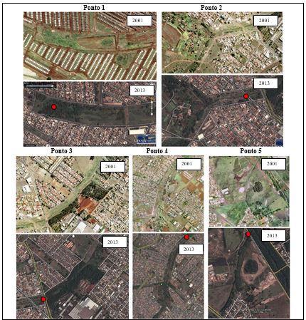 Quanto à ocupação do solo na bacia do Córrego dos Campos, a Figura 8 apresenta as ortofotos de 2001 e 2013 dos cinco pontos de coleta.