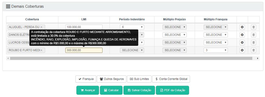 O sistema ajusta o LMI das coberturas adicionais quando é digitado valor