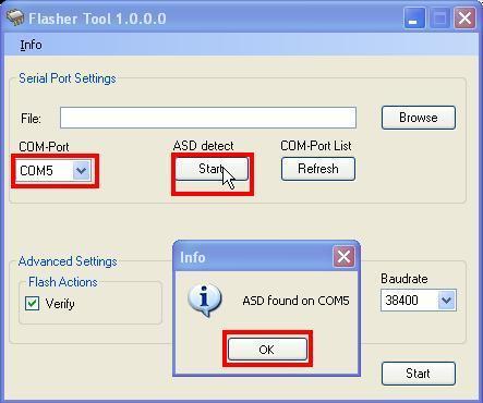 Seleção da atualização do FW em "ASD Config" utiliza o programa de ferramenta "Flasher Tool".