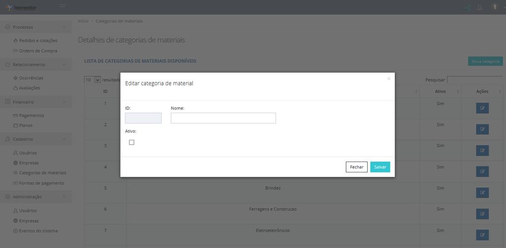 Para gerenciar as categorias de materiais, o administrador pode acessar a seção "Cadastros" e clicar em "Categorias de materiais" para visualizar a lista de categorias de materiais disponíveis (fig.