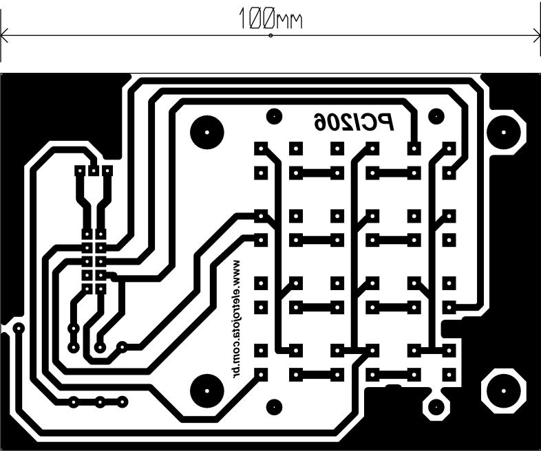 Os desenhos abaixo apresentam em tamanho real o layout da placa lado solda e lado dos componentes, esse projeto foi desenvolvido para montagem em uma placa face simples e conforme o diagrama