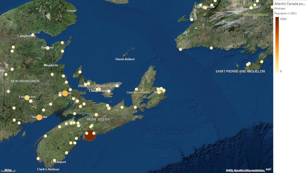 3 Criando visualizações Camada de ponto (Cidades no Atlântico do Canadá coloridas e dimensionadas por população) Camada da área Uma camada de área apresenta áreas no seu mapa, como países ou estados.