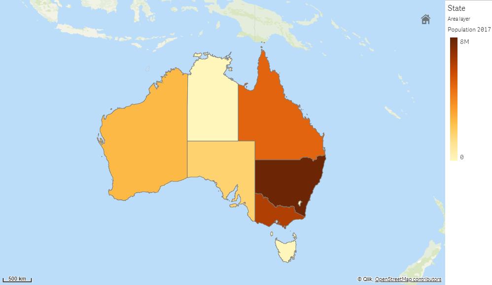 Camada de área (estados e territórios australianos coloridos por população) Camada de linha Uma camada de linha permite exibir linhas entre pontos no seu mapa.