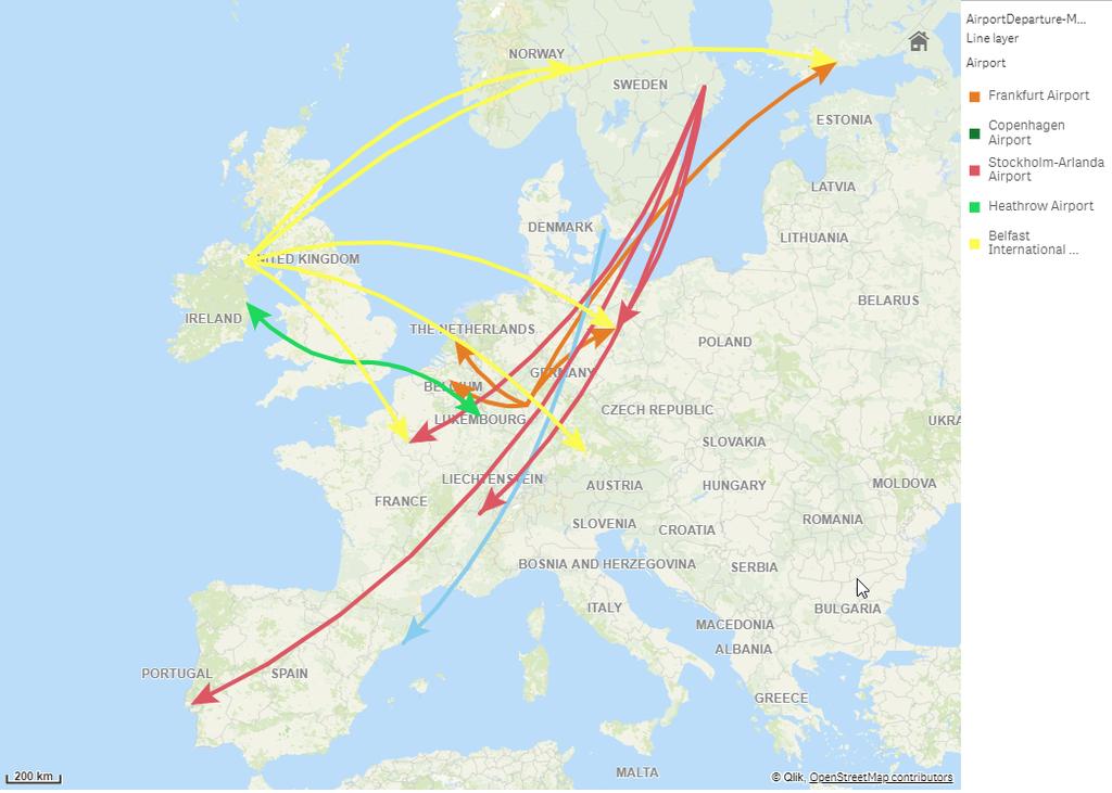 Camada de linha (voos de partida entre aeroportos na Europa) Camada de fundo Camadas de plano de fundo permitem exibir um mapa base personalizado para a sua visualização de mapa.