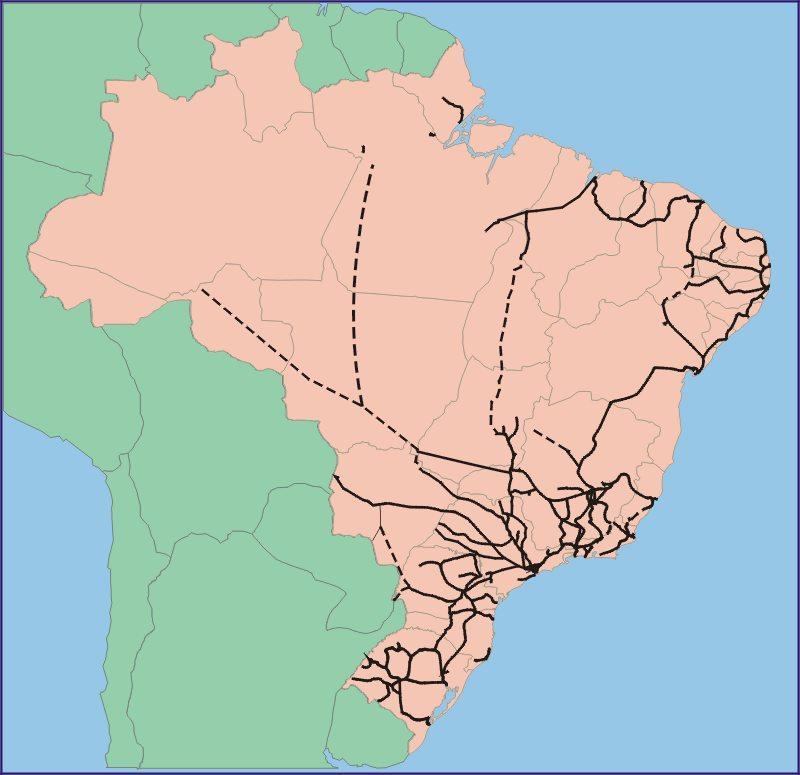 Mapa Ferroviário O sistema ferroviário brasileiro foi construído por empresas estatais. As malhas eram operadas pela RFFSA, FEPASA e CVRD (Companhia Vale do Rio Doce).