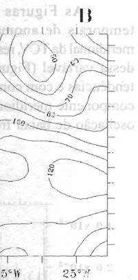 (c) Climatologia de inverno. (d) Variação sazonal para Cabo Frio (23s-42W). Unidade em W/m2.