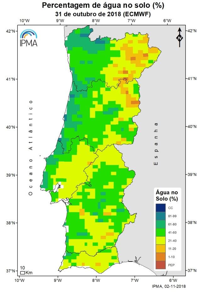 2.5 Água no solo 3 De acordo com o índice de água no solo (Figura 7), a 31 de outubro, verificou-se que houve um aumento da percentagem de água no solo em particular nas regiões do litoral Norte e