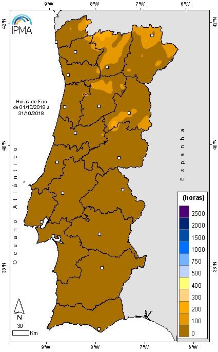 Quadro IV - Número de horas de frio entre 01 e 31 de outubro de 2018 Distrito Valor sede distrito V. Castelo 14 Bragança 103 Vila Real 58 Braga 41 Porto/P.
