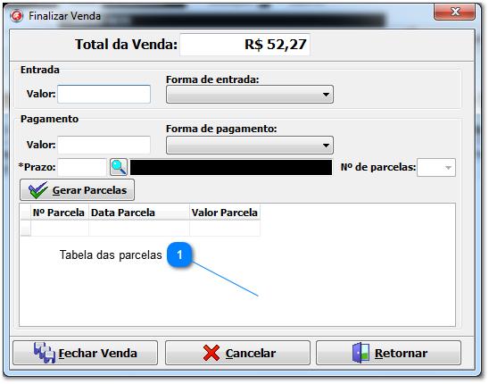 Depois de inserir os produtos na venda é só clicar no botão finalizar a venda que irá trazer uma nova tela para informar o valor de pagamento, forma de pagamento e o prazo. 3.4.1.