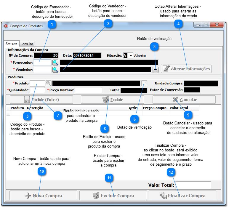 3.4.2 Tela de Compra de Produtos Para realizar a compra, é necessário preencher as informações da compra como fornecedor e usuário, após passar pelo botão de verificação será liberado o cadastro dos