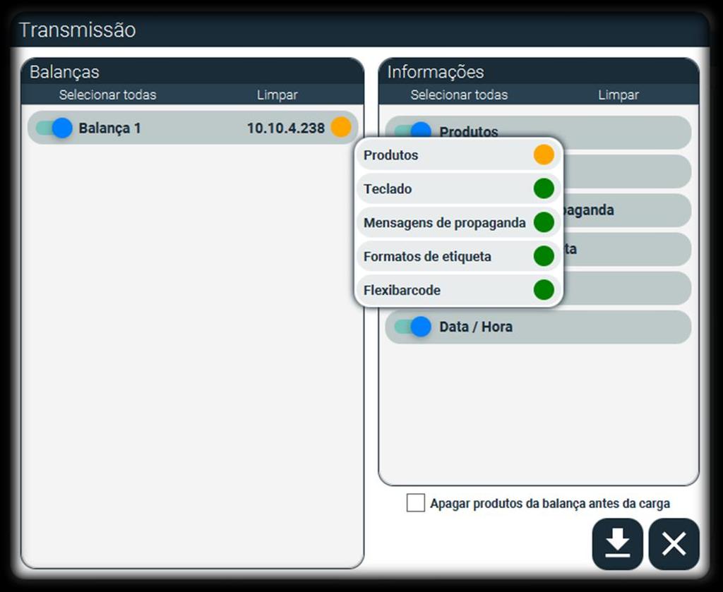 Para verificar as pendencias da balança, basta clicar no ícone de status.