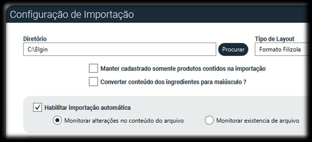 Habilitar importação automática Monitorar alterações no conteúdo do arquivo: Esse recurso