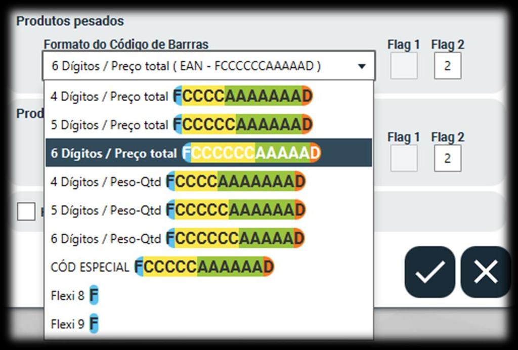 Formato do código de barras Neste campo você pode definir o formato de código de barras que você deseja trabalhar, tanto para produtos pesados como unitários, definindo o número de código de barras