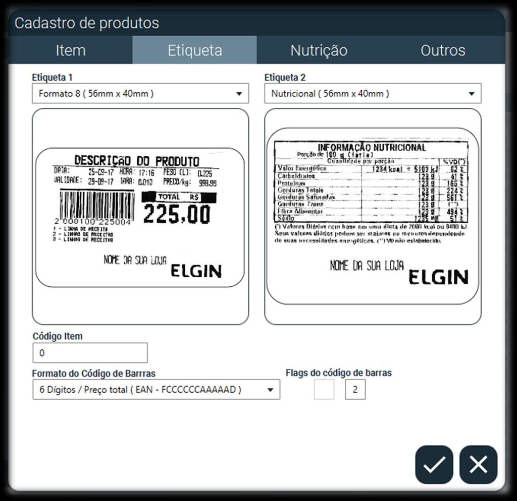 Na tela ETIQUETA você tem as informações como: o Etiqueta 1: Formato 8 (56X40) o Etiqueta 2: