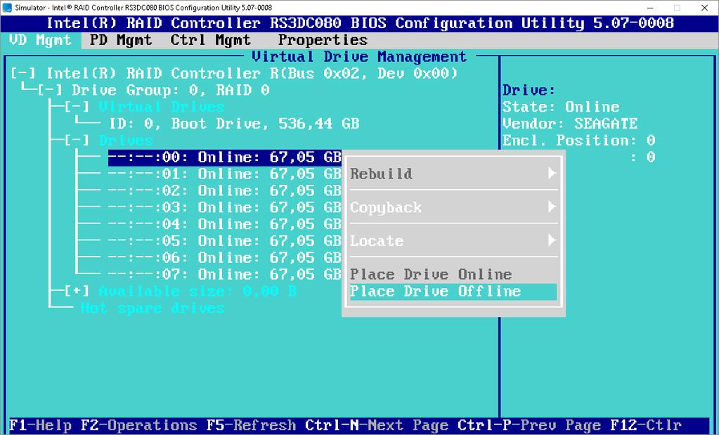 ETAPA 3: simular uma falha de disco Em Virtual Drive Management, expandir a opção Drives e selecionar o primeiro disco e teclar <ENTER>.