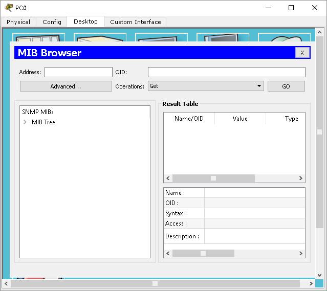 Figura 3 Console do MIB Brower Em Address, digitar o endereço IP do roteador Router0, ou seja, 10.0.0.1. Em SNMP MIBs, navegar e expandir a árvore MIB (MIB Tree) até chegar em system: MIB Tree>router_std.