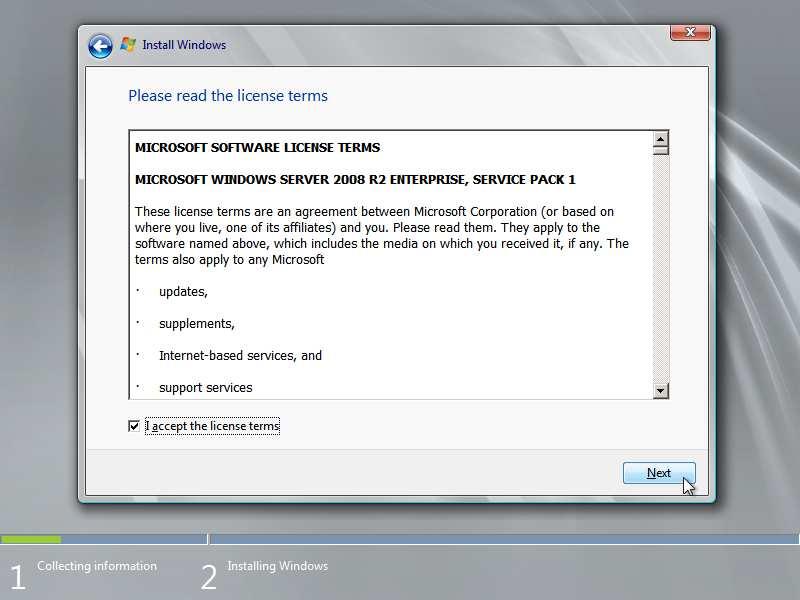 Selecionar a versão Windows Server 2008 R2 Enterprise (Full Installation) e clicar em