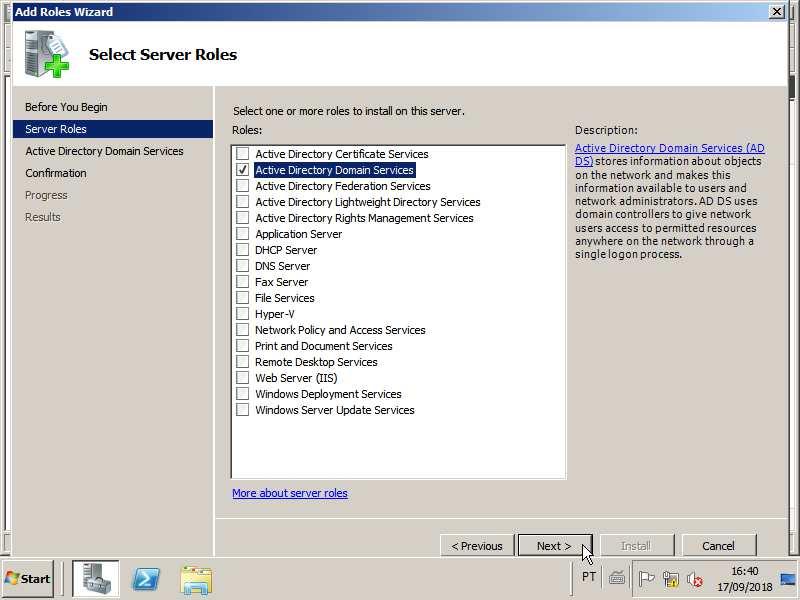 Em Select Server Roles selecionar a opção Active Directory