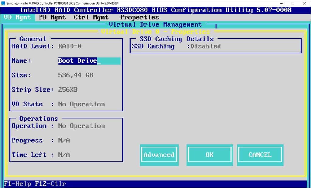 Para dar um nome ao drive virtual criado, selecionar o drive em Virtual Drives, teclar <ENTER> e selecionar a opção Properties.