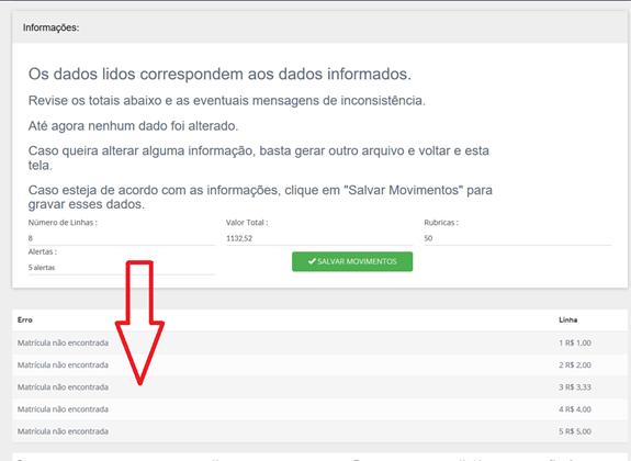 pagamentos. Também são feitos controles adicionais como verificar se valores de descontos não são negativos, se a rubrica existe para a consignatária entre outros.