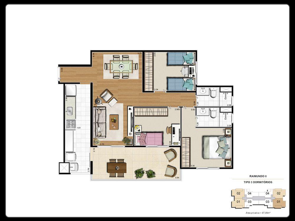 Planta Tipo - 87,09m² Cozinha para opção americana Infraestrutura para automação Madeira Certificada para portas (FSC) 3 Dorms.