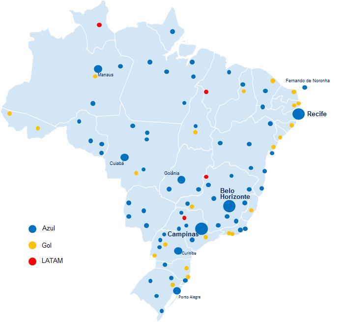 Liderança no Mercado Forte posicionamento no Brasil, com domínio de grande parte dos mercados Companhia Aérea Mais Relevante por Cidade (Setembro de 2018) Posicionamento em Termos de Rotas