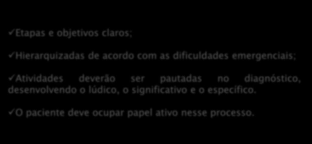 Intervenção Psicopedagógica Etapas e objetivos claros; Hierarquizadas de acordo com as dificuldades emergenciais; Atividades deverão