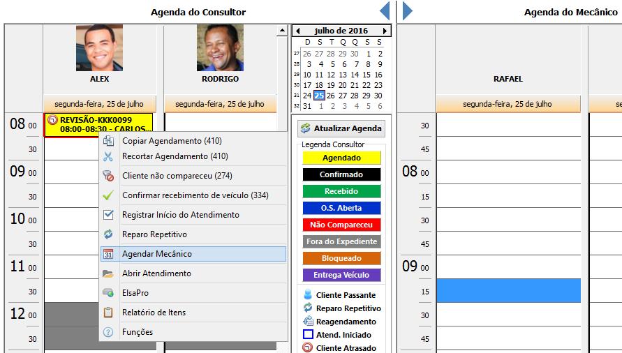 A tela se ajustará para melhor visualização da agenda do mecânico,