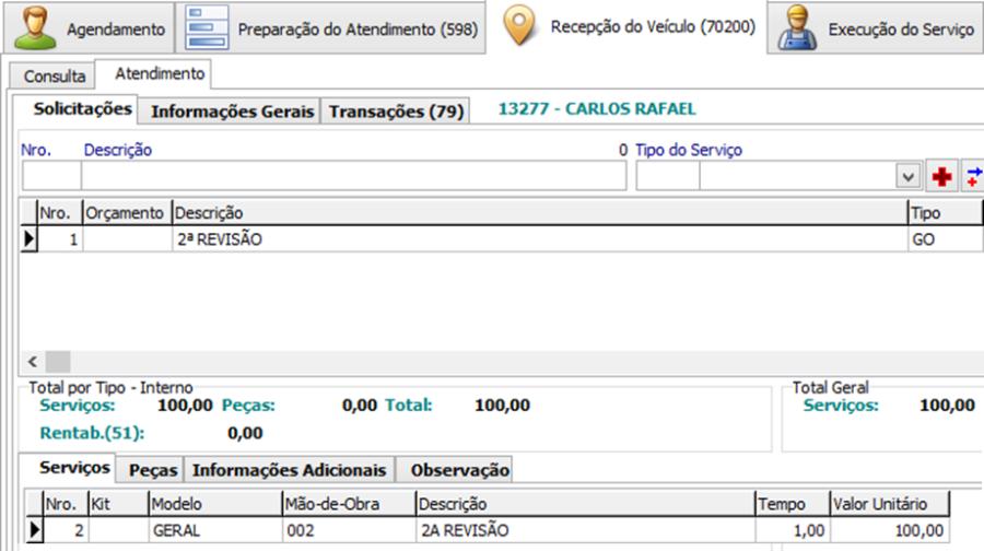 Aba Recepção do Veículo (70200) Todas as operações disponíveis no Menu/Caminho: BRAVOS > Oficina > Atendimento Oficina, foram integradas nesta guia.