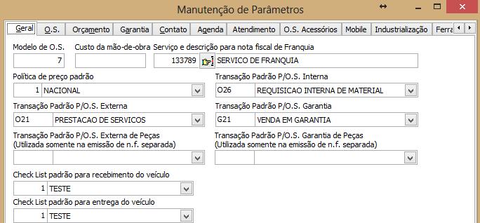 Após a configuração dos itens de verificação, é necessário acessar os parâmetros de oficina: Menu/Caminho: > Oficina > Parâmetros > Módulo Informe o check list cadastrado, na opção <Check List padrão