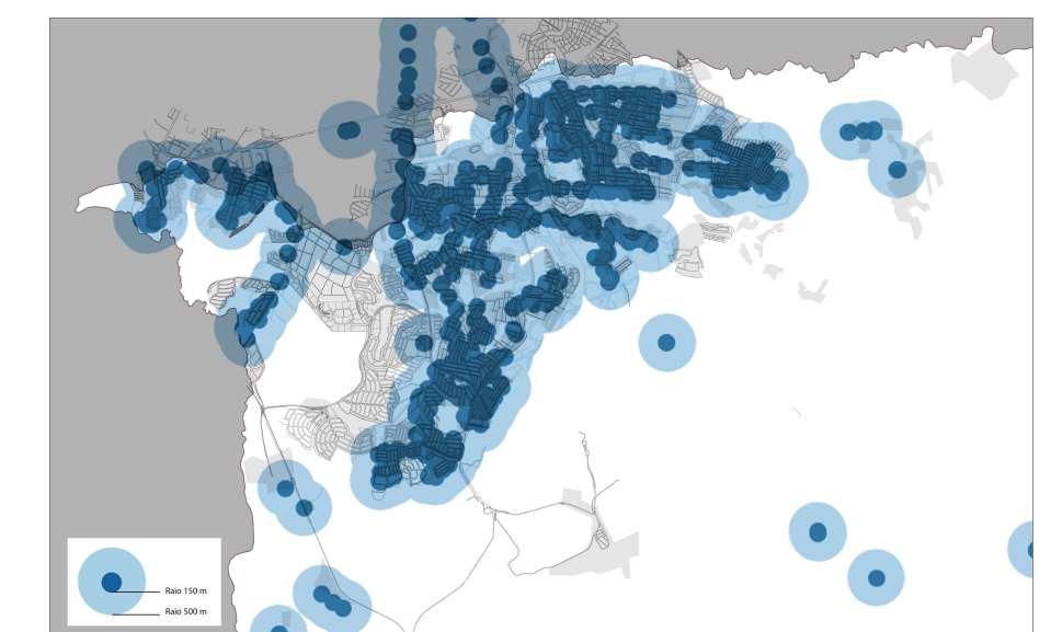 Diagnóstico Cobertura do sistema de ônibus 150 m 2 min 500 m 7 min