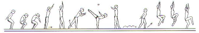 6.3.2.2 Salto pós corrida preparatória, chamada no trampolim tipo Reuther realizar o salto de entre mãos engrupado. Nota: Plinto transversal, à altura do abdómen. 6.3.2.3 parelho Facultativo (Escolher um) RR FIX De pé segurando a barra em pronação, 2 ou 3 passos corridos, juntar as pernas e báscula para apoio facial.