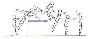 3.2 Salto pós corrida preparatória, chamada no trampolim tipo Reuther realizar o salto de eixo. Nota: Salto no Plinto longitudinal, à altura do abdómen. 6.3.3.3 parelho Facultativo (Escolher um) RR FIX De pé segurando a barra em pronação, 2 ou 3 passos corridos, juntar as pernas e báscula para apoio facial.